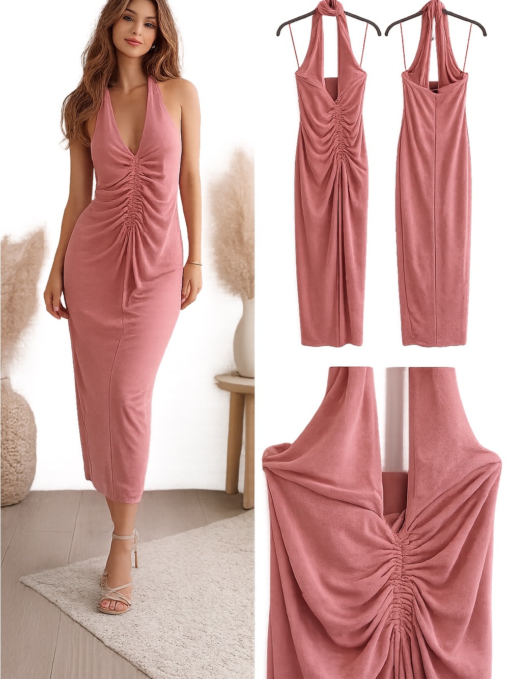 Ruched Halter Midi Dress in Dusty Rose with high slit